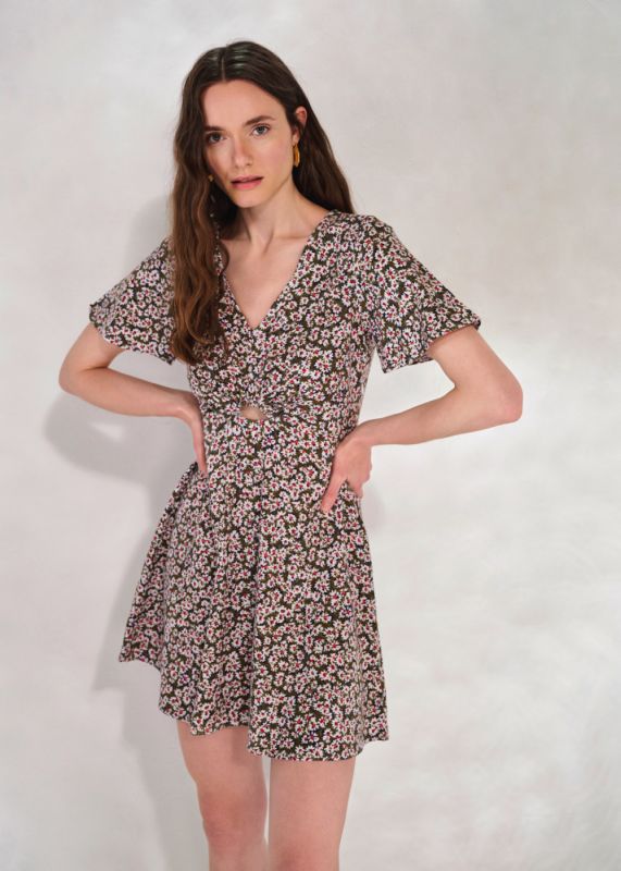 Decollete Floral Patterned Linen Dress