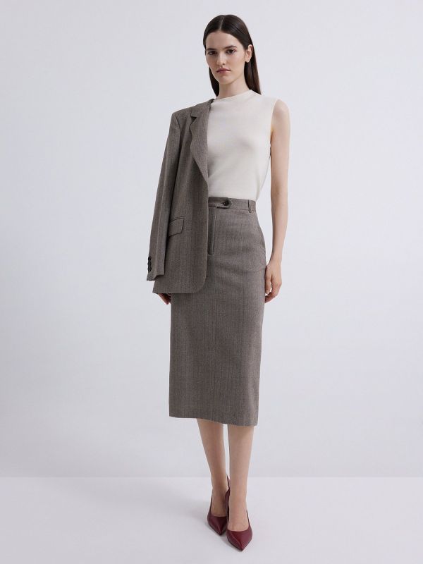 Straight herringbone wool skirt 424260082-734