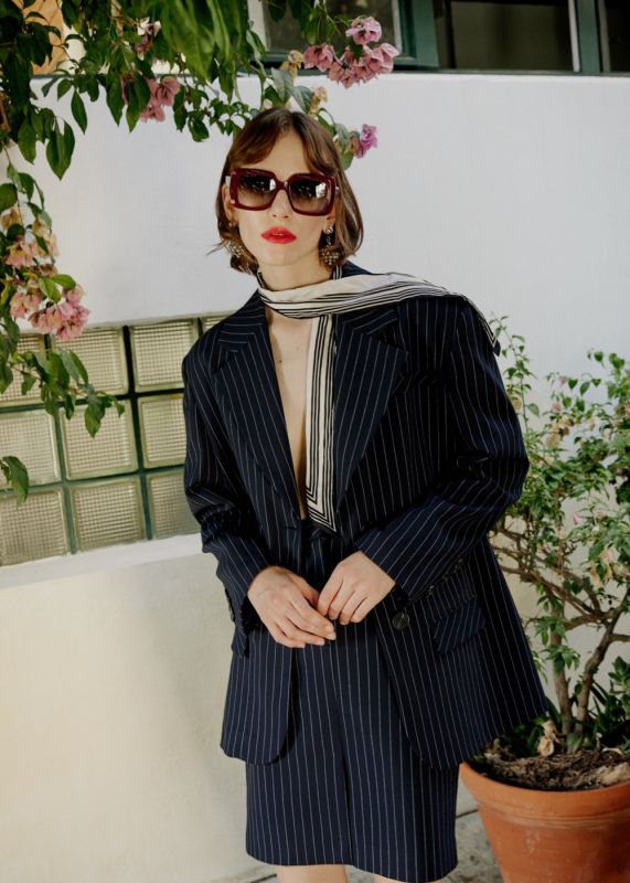 Special Design Striped Oversize Jacket - Design Striped Office Length Skirt