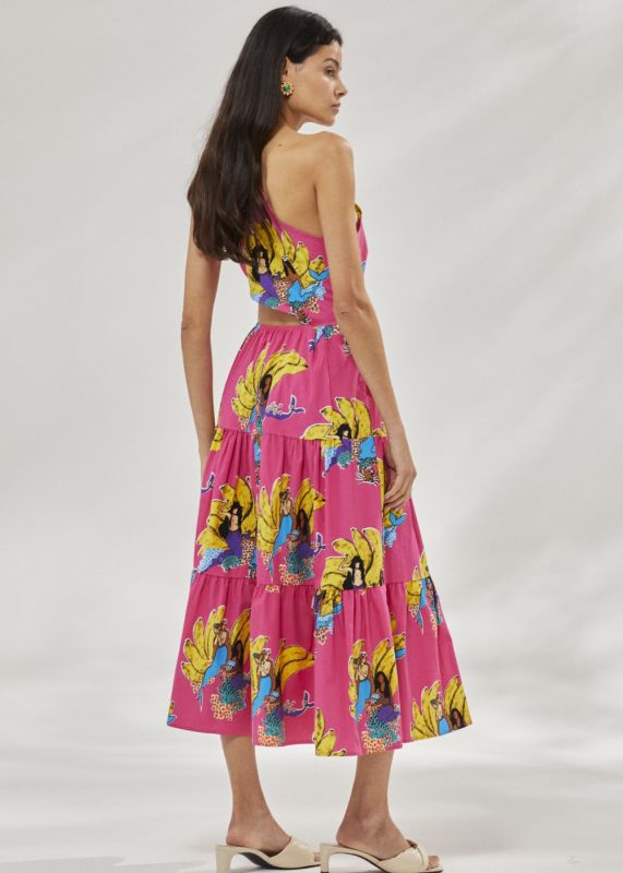 One Shoulder Patterned Midi Length Dress