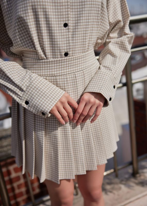 Embroidery Detailed Plaid Shirt,Plaid Pleated Mini Skirt