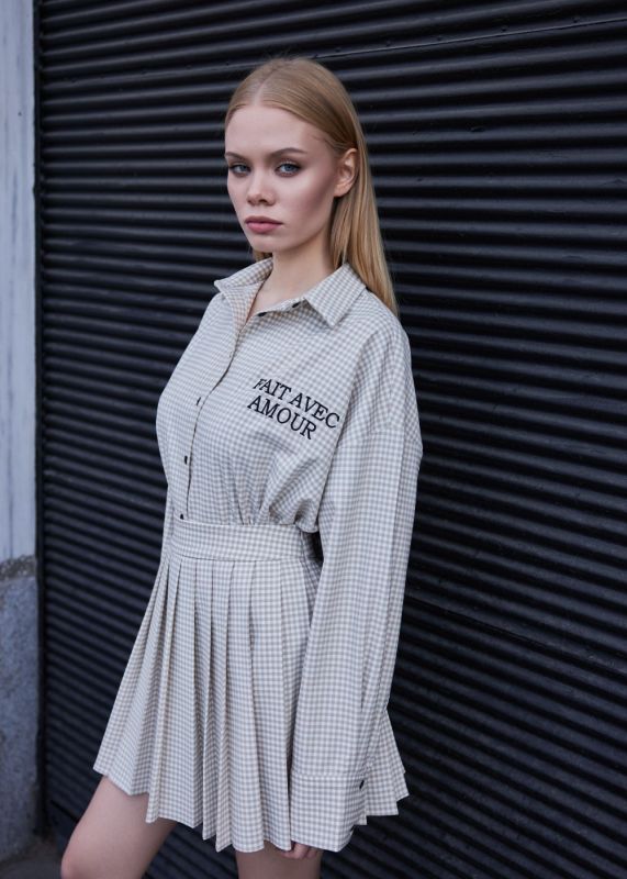 Embroidery Detailed Plaid Shirt,Plaid Pleated Mini Skirt