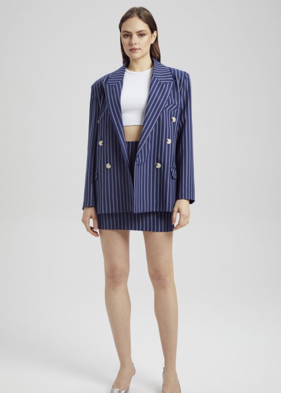 Striped Double-breasted Blazer, Striped Straight Mini Skirt