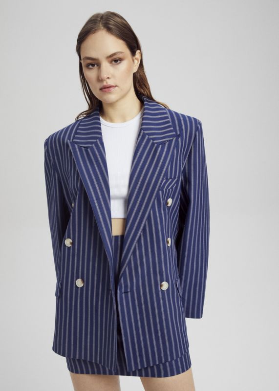 Striped Double-breasted Blazer, Striped Straight Mini Skirt