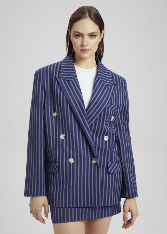 Striped Double-breasted Blazer, Striped Straight Mini Skirt