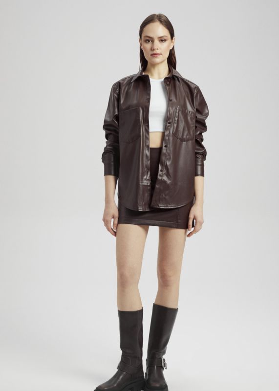 Leather Shirt-Leather Straight Mini Skirt