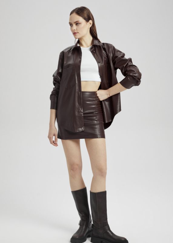 Leather Shirt-Leather Straight Mini Skirt