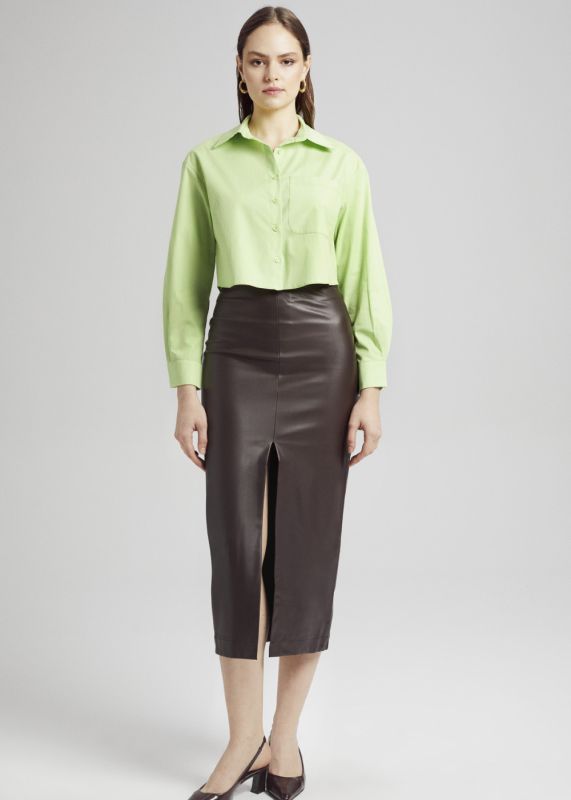 Midi Length Leather Skirt with Slits