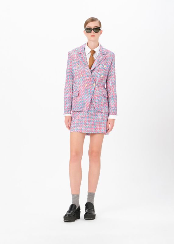 DOUBLE-BREASTED TWEED JACKET- TWEED MINI SKIRT