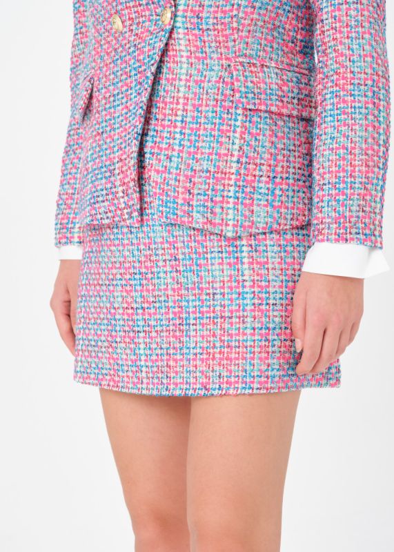 DOUBLE-BREASTED TWEED JACKET- TWEED MINI SKIRT