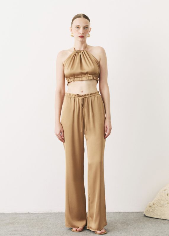 TIE-UP SATIN BLOUSE-PLEATED SATIN PANTS