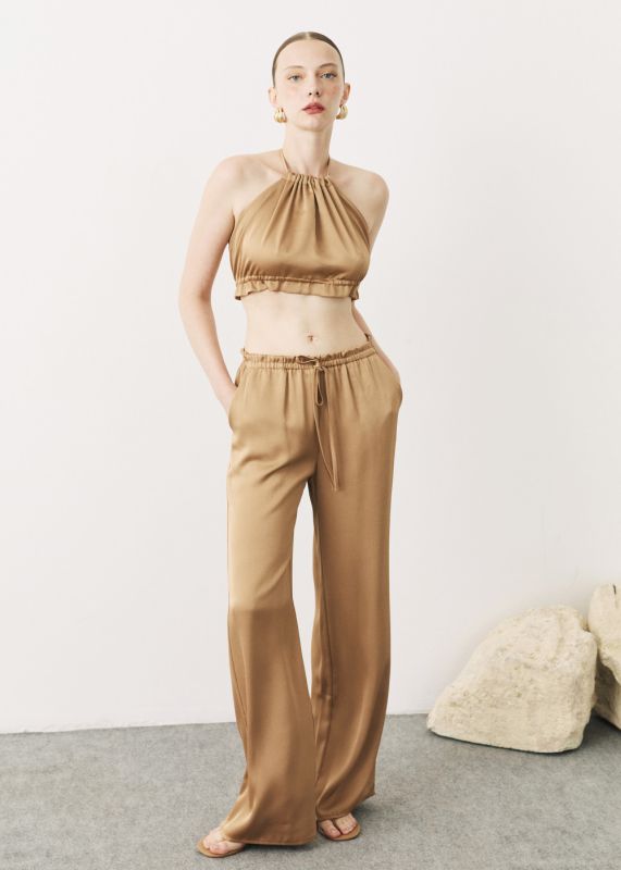 TIE-UP SATIN BLOUSE-PLEATED SATIN PANTS