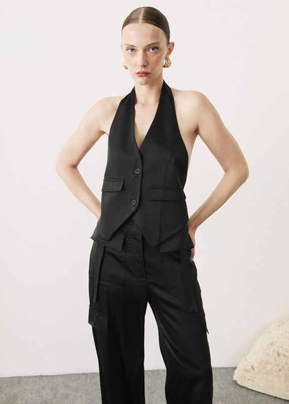 SATIN VEST WITH BACK DETAIL-CARGO SATIN PANTS