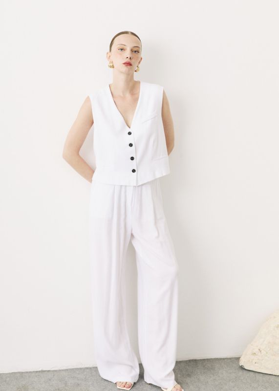 SHORT CLASSIC COLLAR VEST-LINEN PANTS WITH ELASTIC WAIST