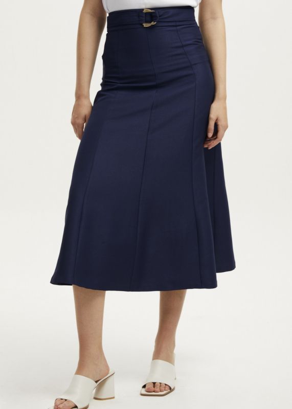 Midi Length Flared Skirt with Metal Buckle