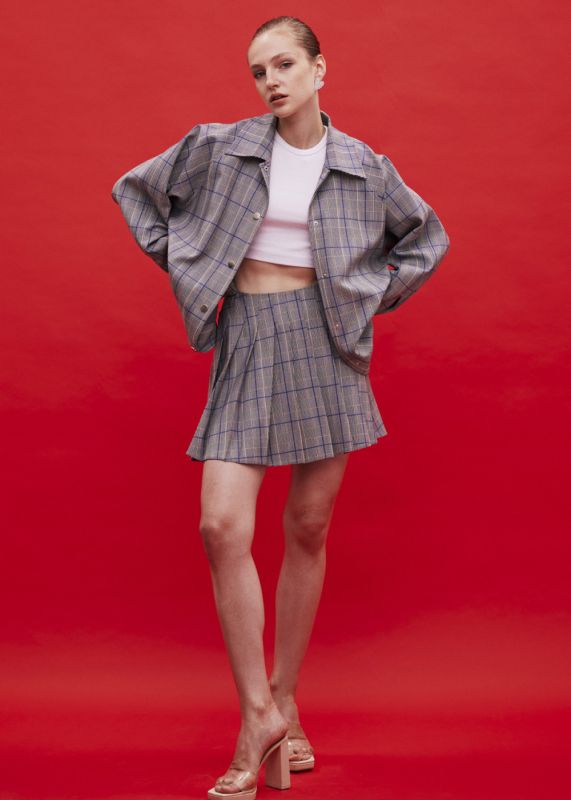 Plaid Oversize Jacket - Plaid Pleated Skirt