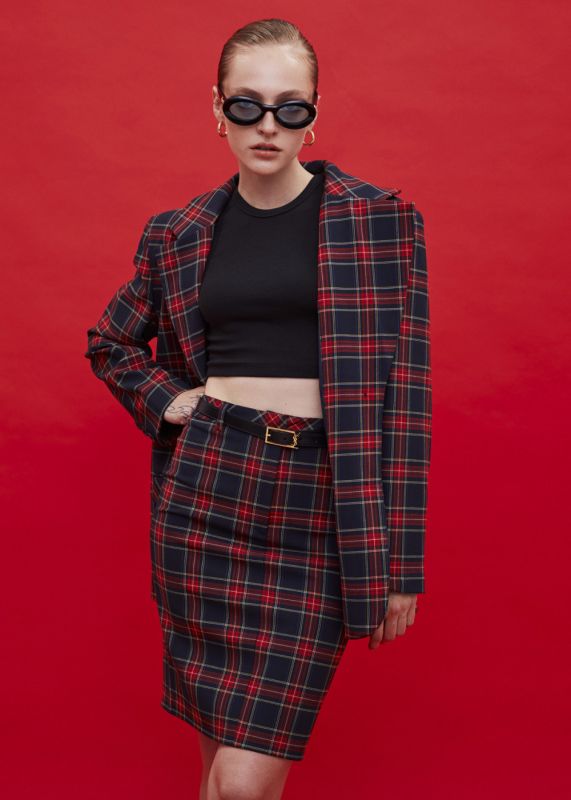 Oversized Plaid Jacket - Plaid Pencil Skirt