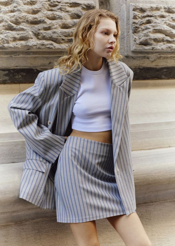 Striped Double-breasted Blazer, Striped Straight Mini Skirt